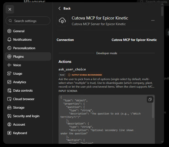 ChatGPT plugin settings showing the Cutova connection and available actions