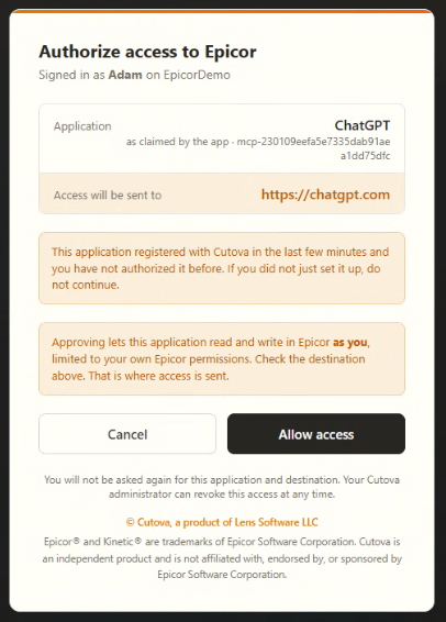 Cutova consent screen identifying ChatGPT, its destination and the Allow access button