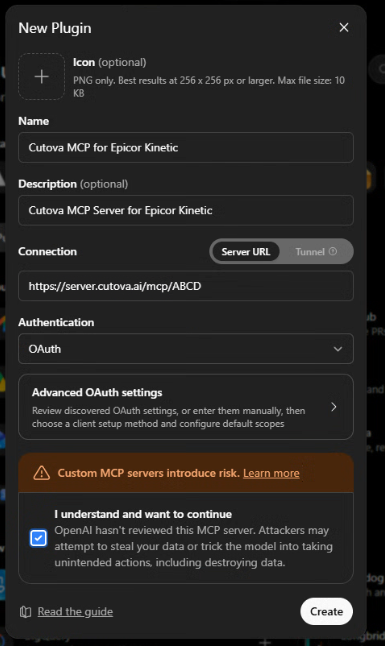 New Plugin dialog showing name, server URL, OAuth authentication, acknowledgement and Create