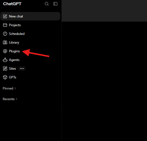 ChatGPT sidebar with an arrow pointing to Plugins