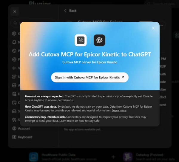 Add Cutova to ChatGPT dialog with the sign-in button