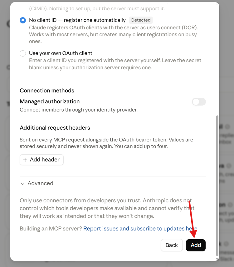 Connector configuration with automatic client registration selected, managed authorization off and an arrow pointing to Add