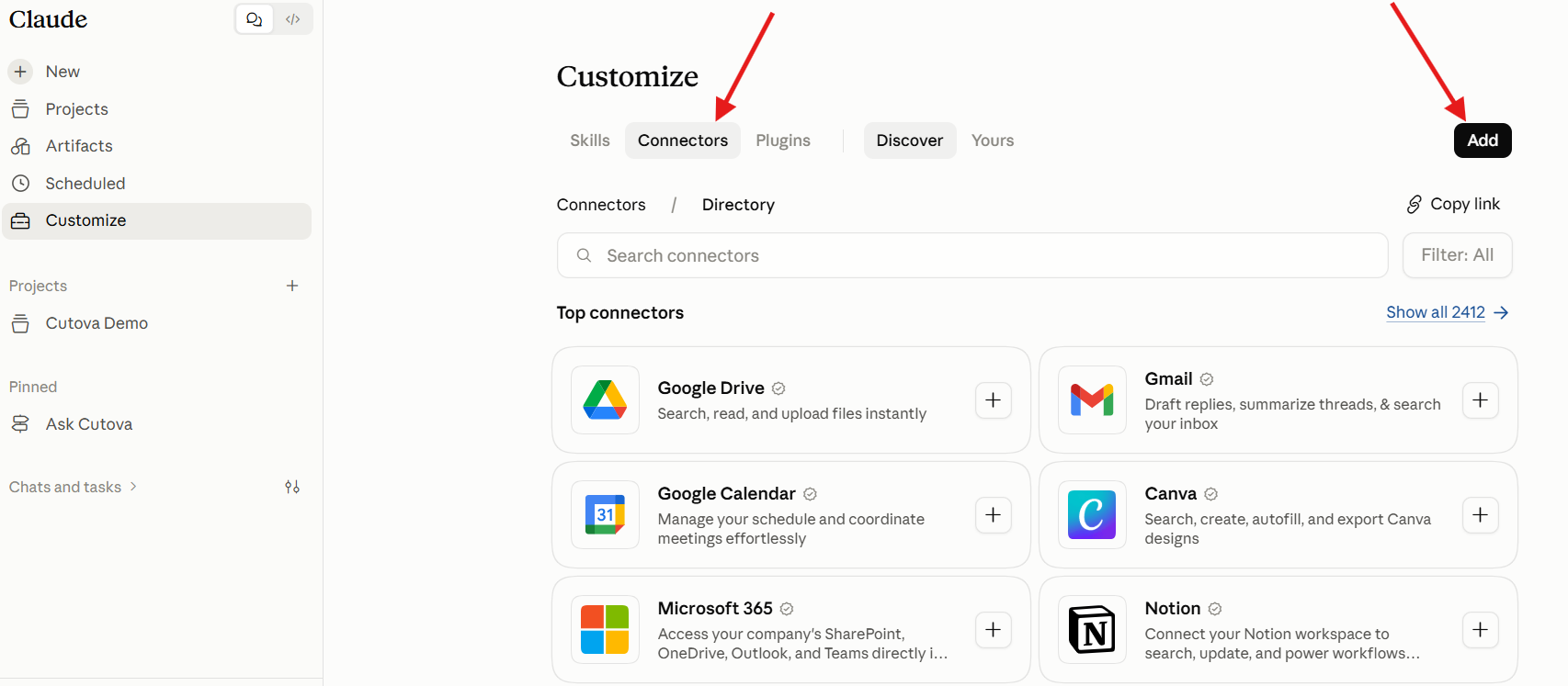 Claude Customize page with arrows pointing to Connectors and Add