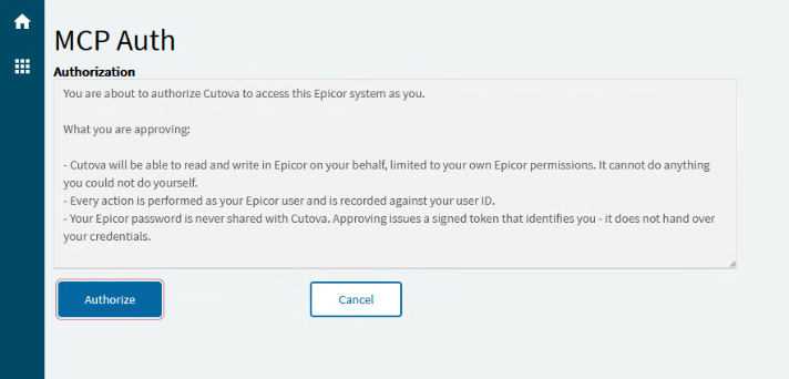 Epicor MCP Auth screen with the Authorize button