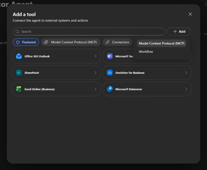 Add a tool dialog with the Add menu showing Model Context Protocol