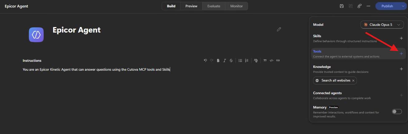 Agent Build tab with an arrow pointing to the Tools plus button