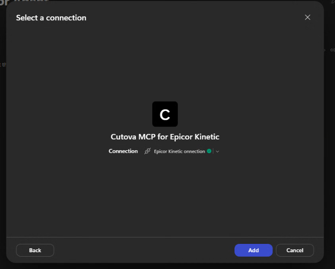 Selected Epicor Kinetic connection with a green check and enabled Add button