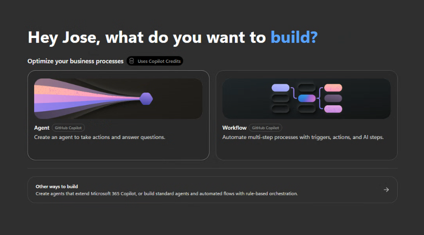 Start page with Agent and Workflow choices