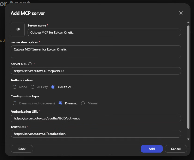 Add MCP server dialog with OAuth 2.0, Dynamic configuration, path-based Authorization URL and Token URL
