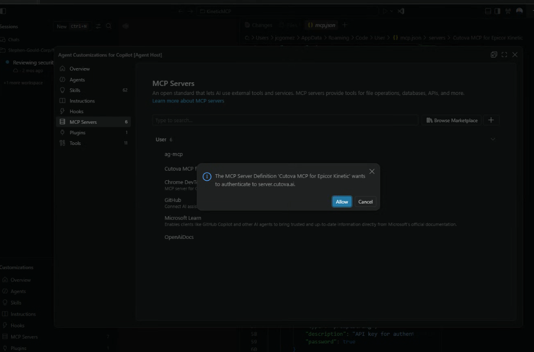 VS Code permission dialog asking to authenticate to the Cutova server