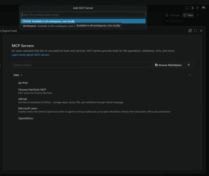 Configuration target picker with Global selected and Workspace available