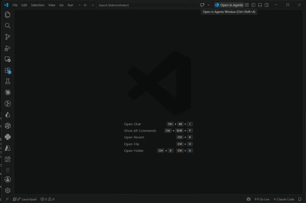 VS Code title bar showing Open in Agents