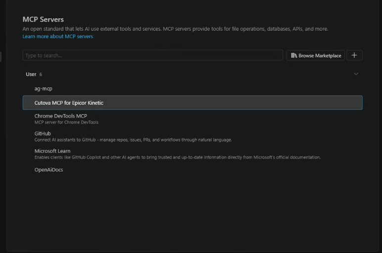 VS Code MCP Servers list containing Cutova MCP for Epicor Kinetic