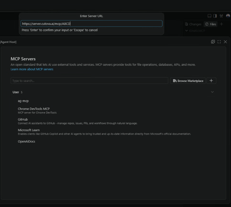 Enter Server URL prompt with an example Cutova MCP URL