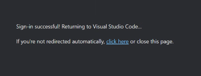 Browser page confirming successful sign-in and return to Visual Studio Code