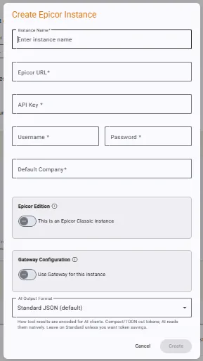 The Create Epicor Instance dialog