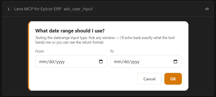 An interactive panel asking for a date range, with From and To date pickers