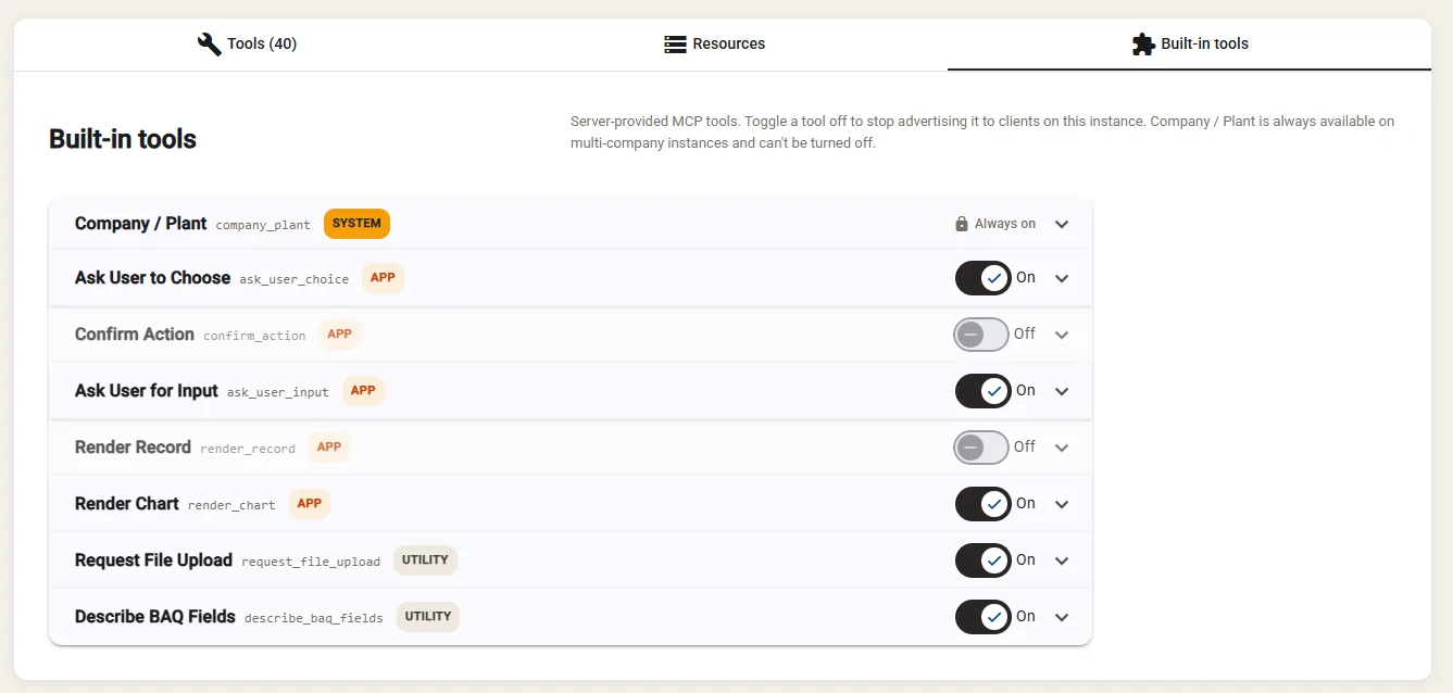 The Built-in tools tab, with a toggle beside each server-provided tool