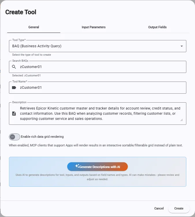 The Create Tool dialog, General tab, with a BAQ selected