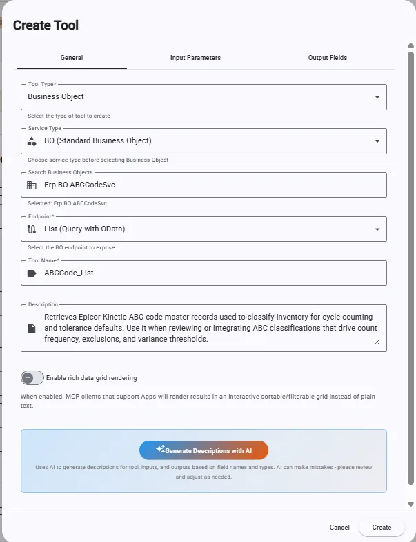 The Create Tool dialog with tool type Business Object