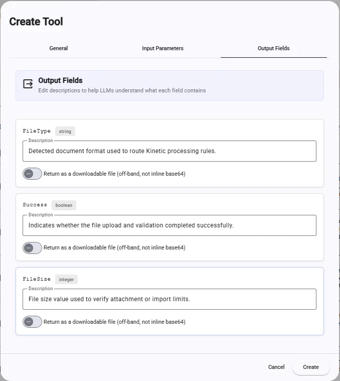 The Function Output Fields tab, with a download switch beside each returned field