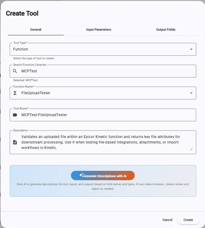 The Create Tool dialog with tool type Function
