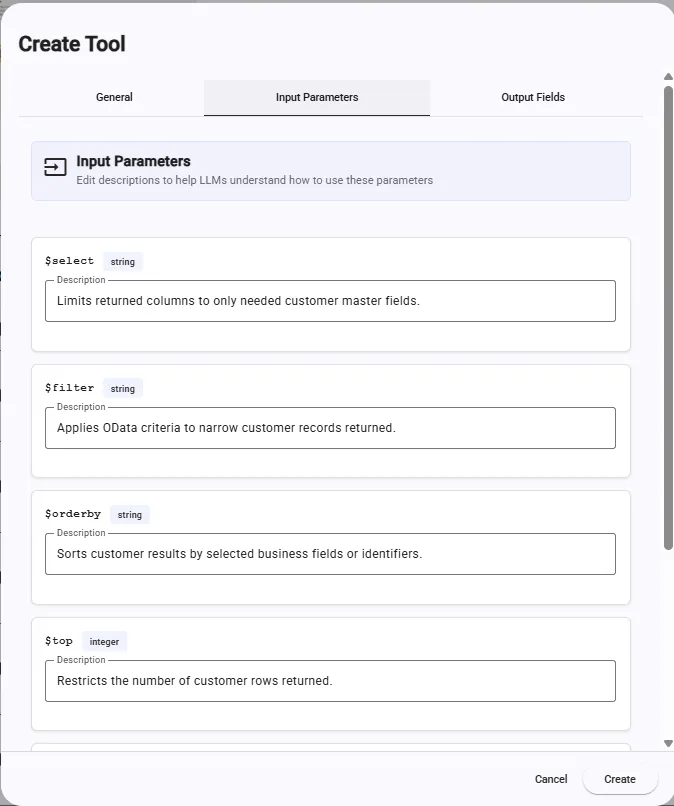 The Input Parameters tab, with a description under each parameter