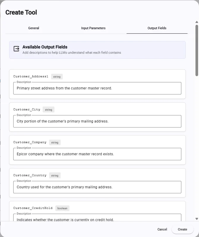 The Output Fields tab, with a description under each returned field