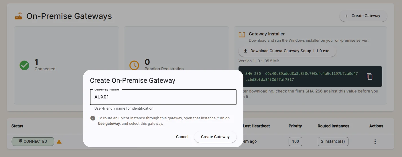 The Create On-Premise Gateway dialog