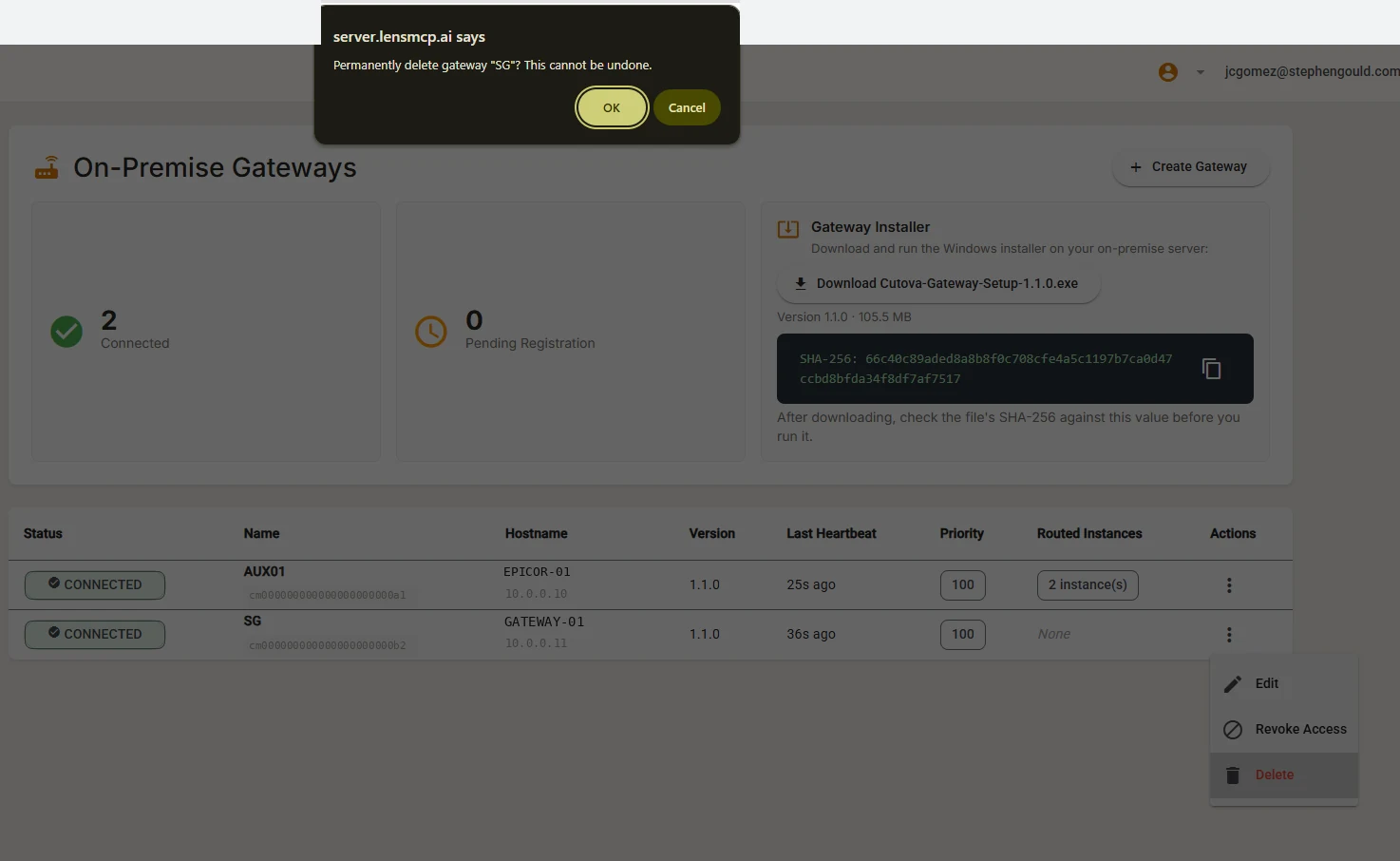 Confirming the deletion of a gateway