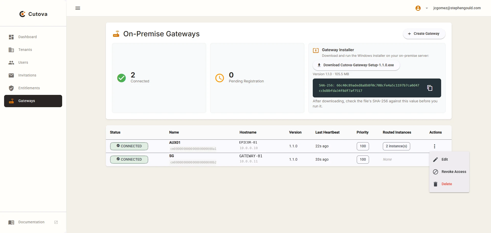 The Gateways page with two connected gateways and the row actions open