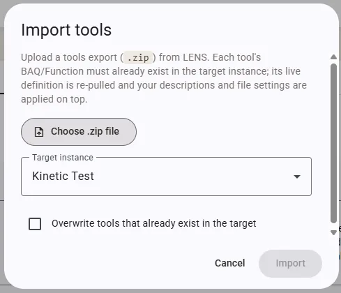The Import tools dialog