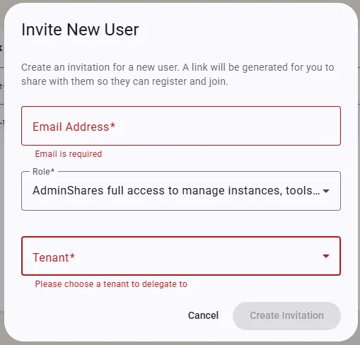 The Invite New User dialog, with email, role and tenant