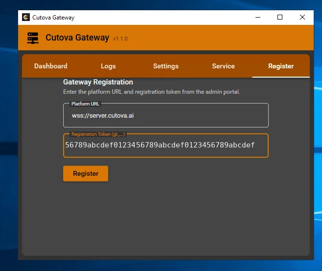 The Register tab with the platform URL and token filled in