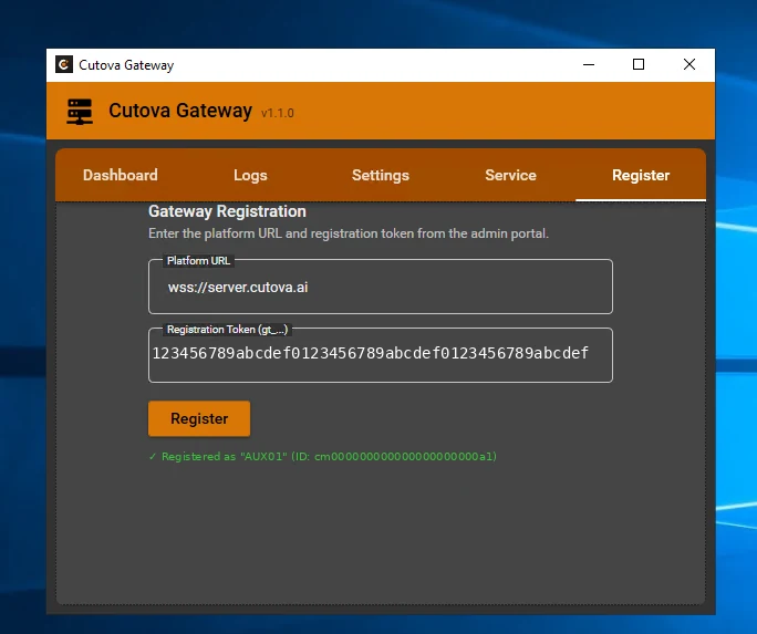 The Register tab confirming the gateway registered