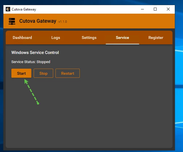 The Service tab with the Start button