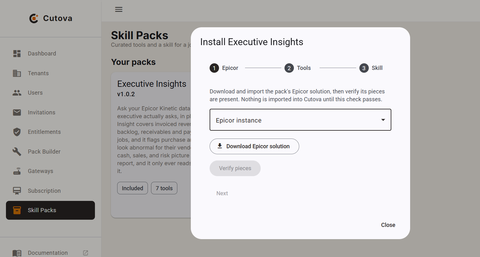 The Executive Insights installer on the Epicor step, showing the instance selector, solution download, and Verify pieces button