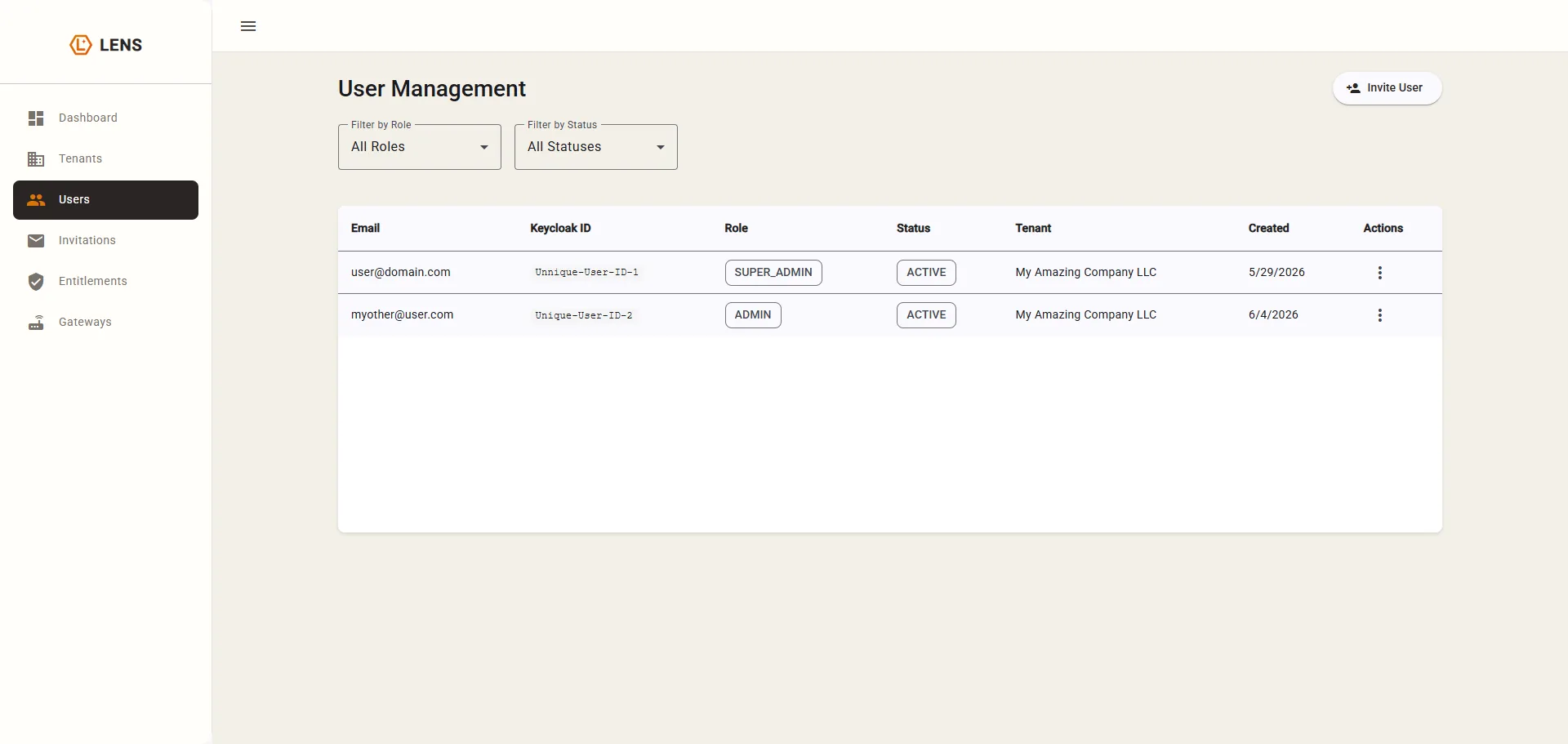 The User Management page with the Invite User button
