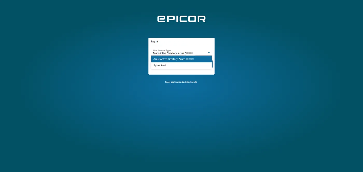 The Epicor login page, with the User Account Type list open showing Azure Active Directory and Epicor Basic
