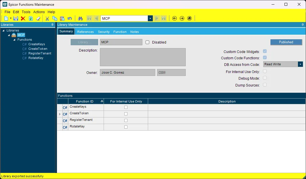 Epicor Functions Maintenance showing the MCP library with its four functions: CreateKeys, CreateToken, RegisterTenant and RotateKey